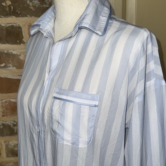 Stars Above Simply Cool Blue Striped Button-Up Sleep Shirt Satin Trim Sz S - Picture 8 of 12